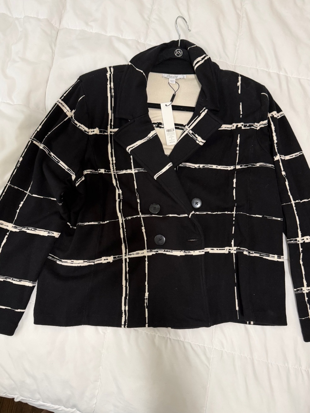 Chico's Black and Cream Windowpane Double-Breasted Blazer